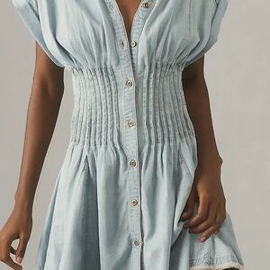 Pilcro Light Blue Smocked-Waist Button-Front Mini Dress